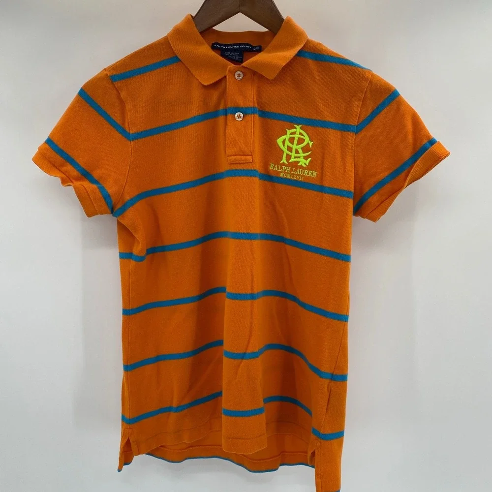Ralph Lauren Sport Polo‎ Shirt Kids Large Orange Striped Pique Preppy Summer